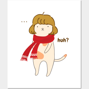 aesthetic confused silly cute girl cat with red scarf illustration Posters and Art